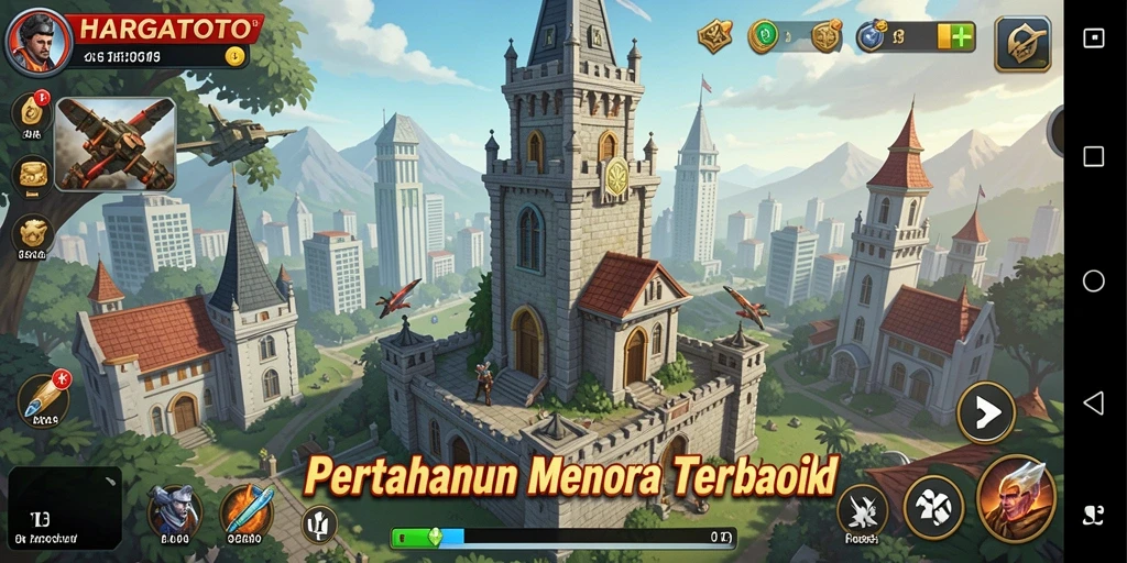 Tampilan gameplay HARGATOTO dengan menara yang siap bertahan.