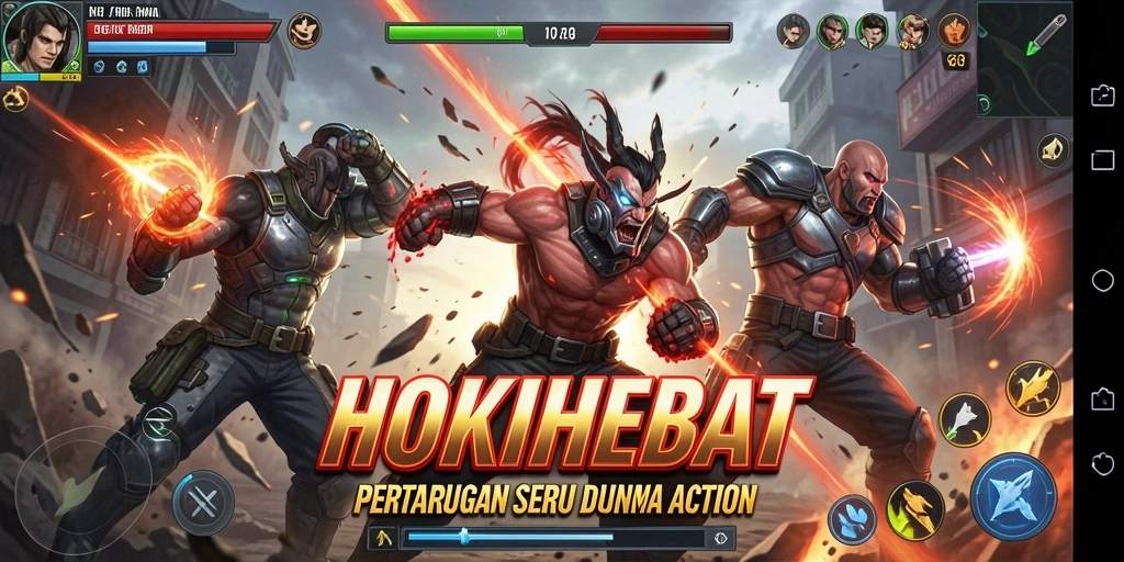 Screenshot dari gameplay HOKIHEBAT menampilkan pertarungan intens dan dinamis.