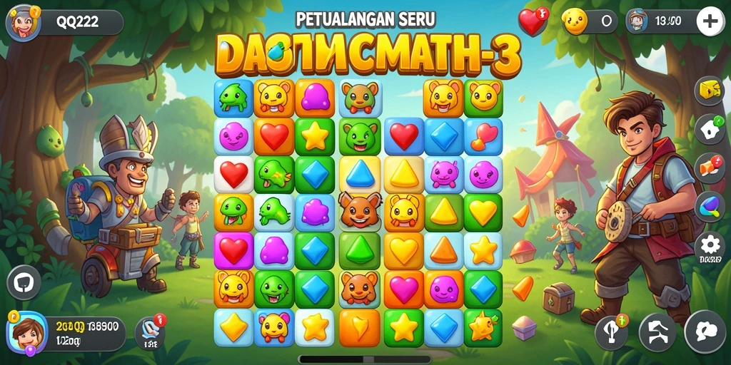 Tampilan gameplay QQ222 yang penuh warna dalam tantangan Match-3.