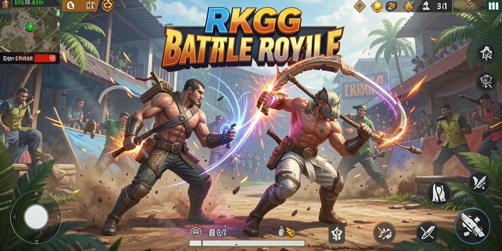 Screenshot gameplay RKGG menampilkan pertempuran seru di arena Battle Royale.