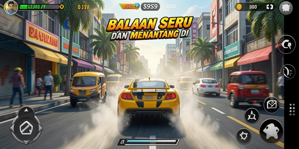 Screenshot utama S9S9 menunjukkan aksi balapan yang intens dan kendaraan yang beragam.