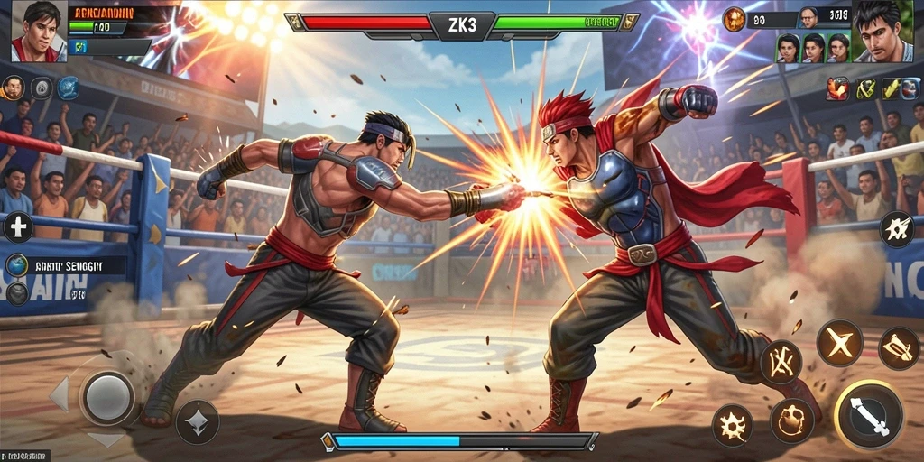 Screenshot ZK3 menampilkan karakter bertarung di arena dengan efek dramatis.